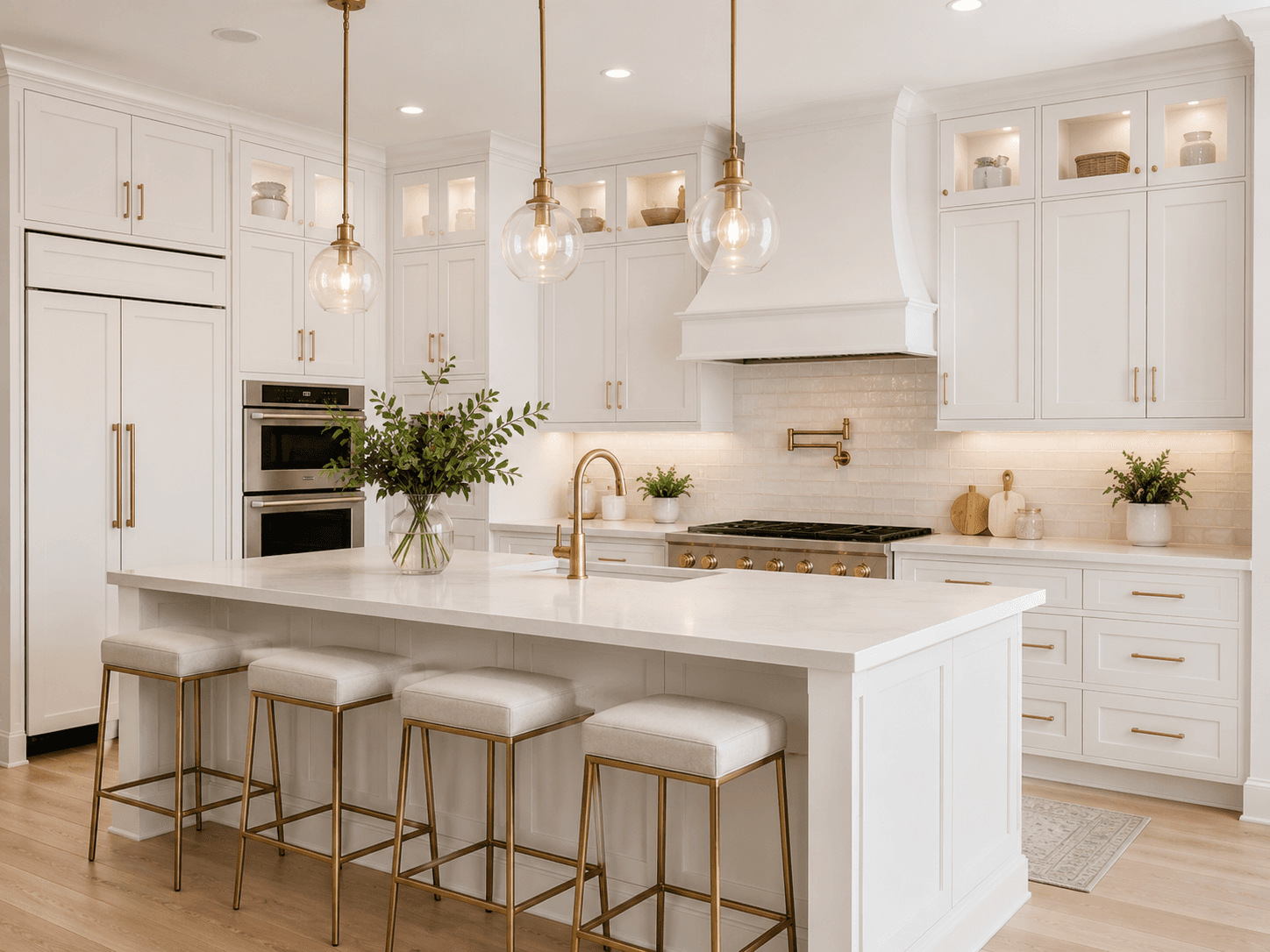 Light painted kitchen cabinets with brass hardware and a central island