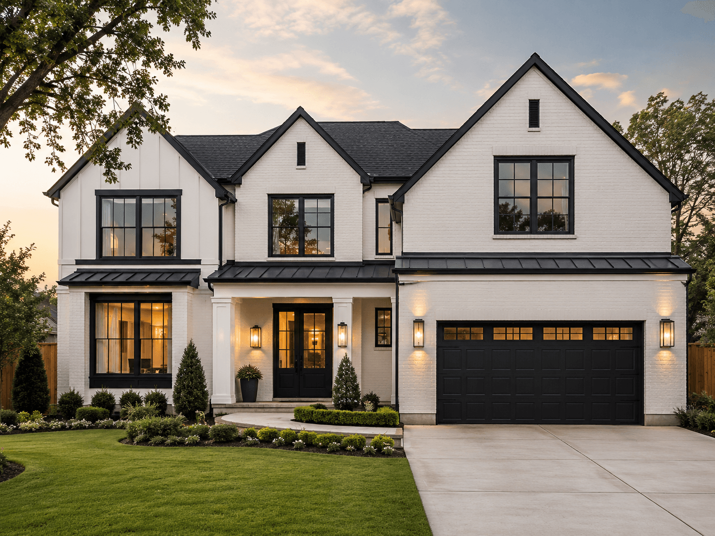 White brick Frisco-style home with dark trim and a freshly painted exterior