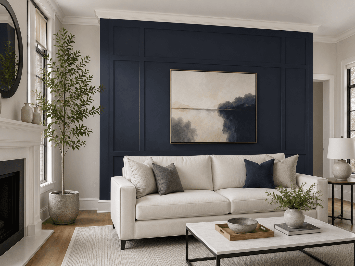 Bright interior with a navy accent wall and clean white trim