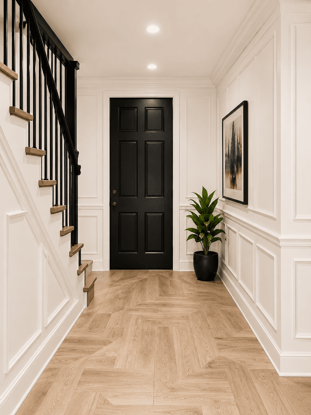 Bright hallway with crisp trim and a detailed stair wall