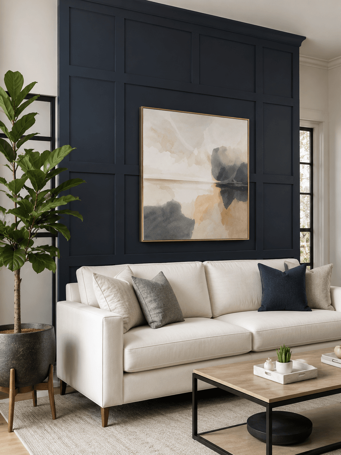 Navy paneled accent wall with neutral furnishings and a large sofa