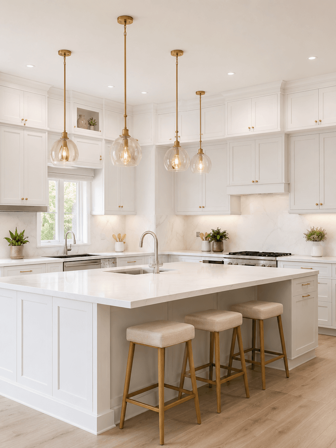Bright white painted kitchen cabinets with gold pendant lights